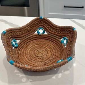 Handmade Mexican pine needle
basket from Michoacan Handcrafted with Blue Accents